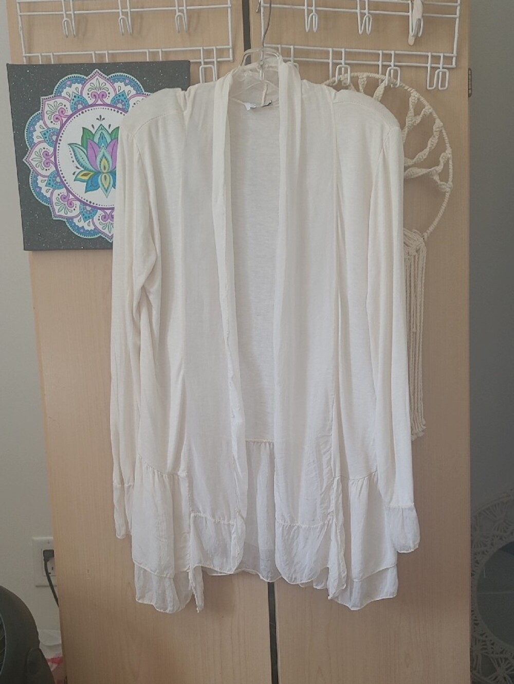 Femme Fatale Lightweight Cream Open-Front Silk Trim Cardigan for Women XL